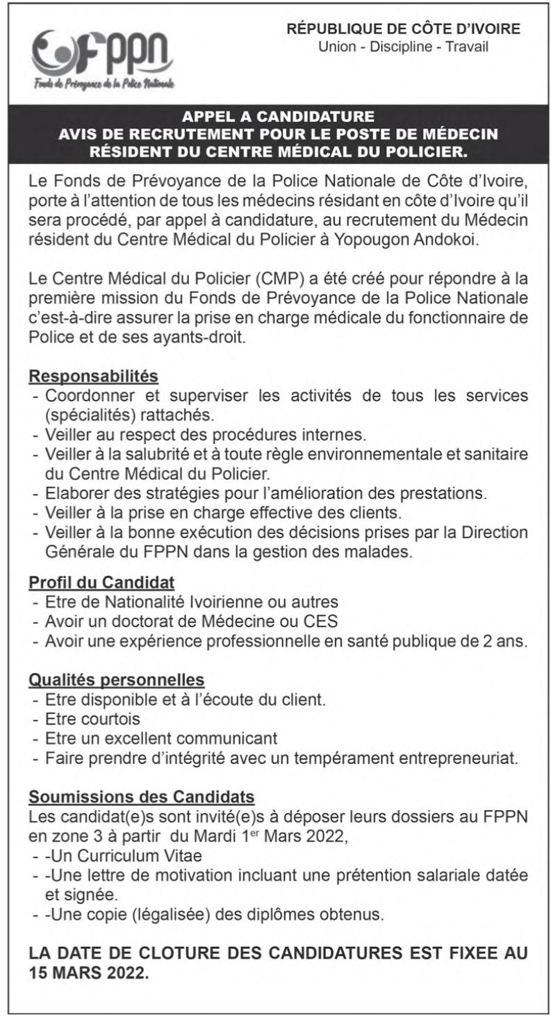 Recrutement de 01 Médecin résident du Centre Médical du Policier